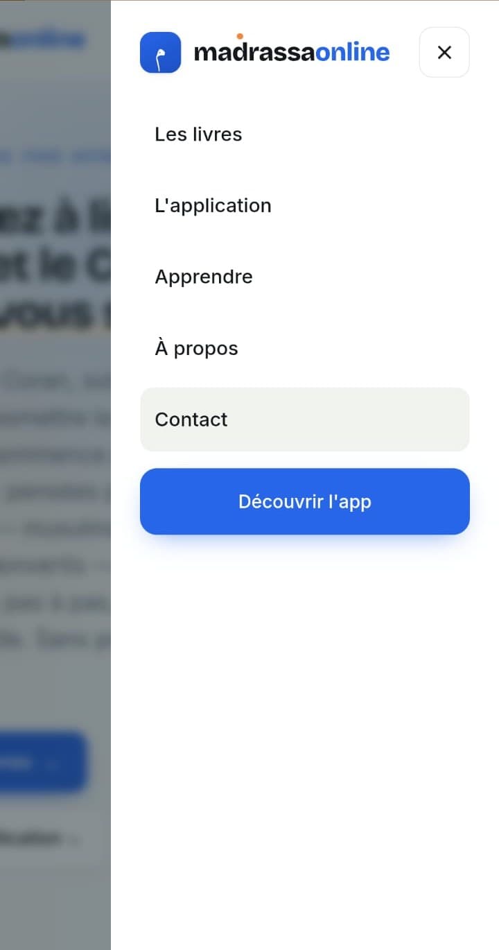 Menu de navigation Madrassa Online sur mobile