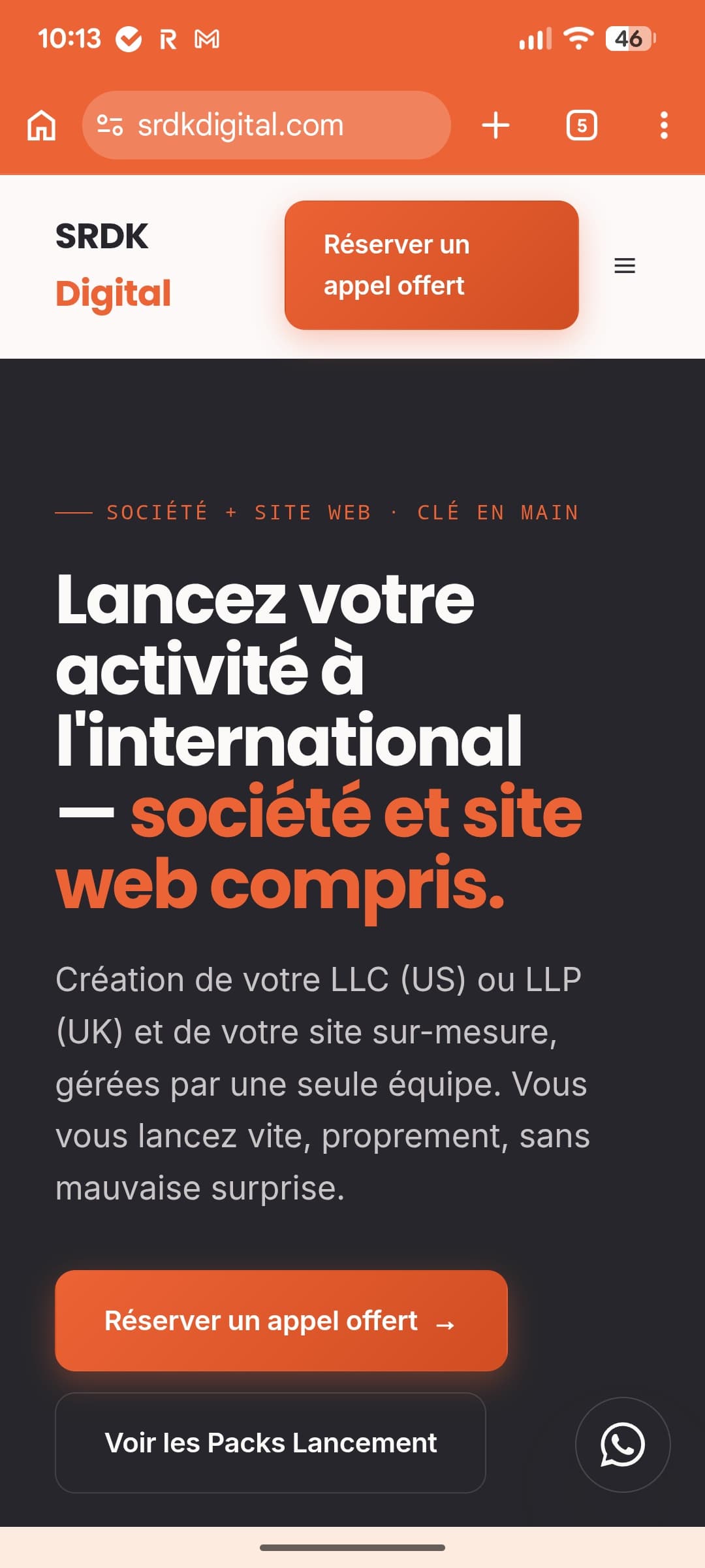 Page d'accueil de SRDK Digital sur mobile